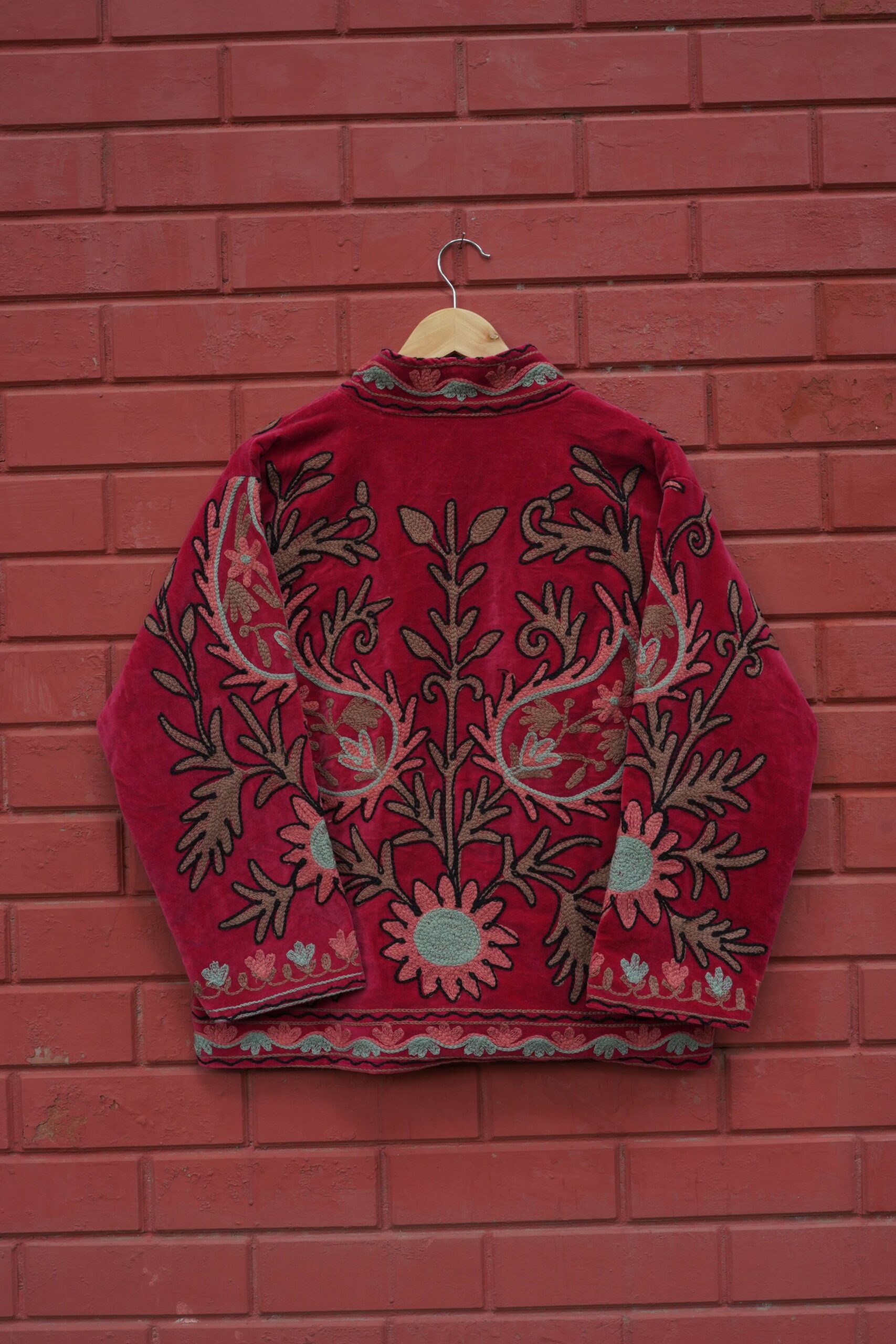 Womens Red Velvet Embroidered Jacket with Floral Design - Image 3